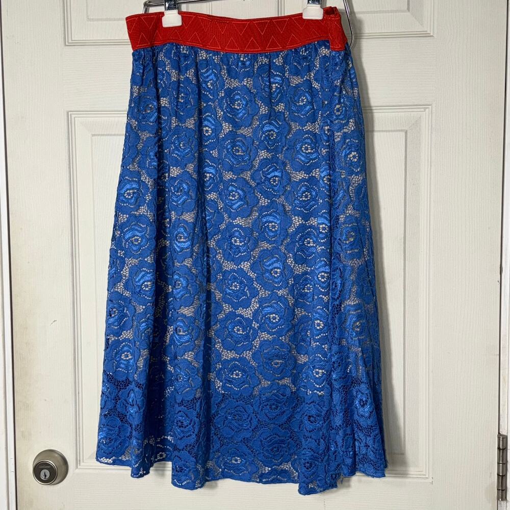 LuLaRoe Lola Blue Floral Lace Skirt with Red Band Sz XLarge